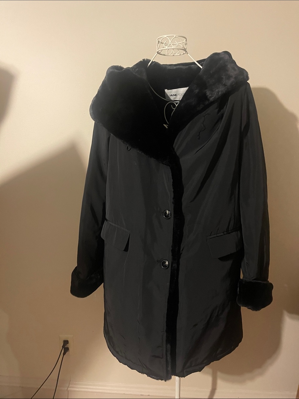 Jane Post Black Large Hooded Storm Coat-Faux Fur Trim